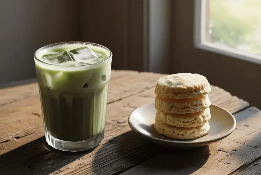 scene with an iced matcha latte recipe