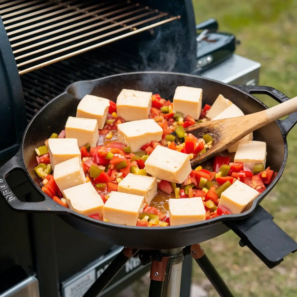 Preparing the Smoked Queso Dip in a Cast-Iron Skillet